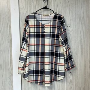 Cestyle Long sleeve plaid shirt blouse. Grey tan and pink